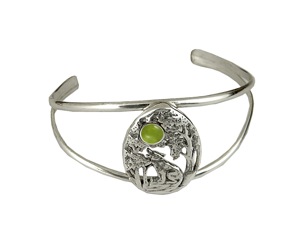 Sterling Silver Howling Wolf Cuff Bracelet With Peridot Sterling Silver Howling Wolf Cuff Bracelet With Peridot